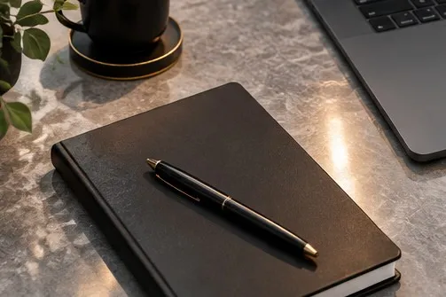 Carnet fermé et stylo, à côté d’une tasse de café. Image générée par IA.