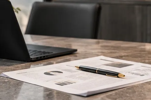 Document et stylo posés à côté d’un ordinateur portable. Image générée par IA.