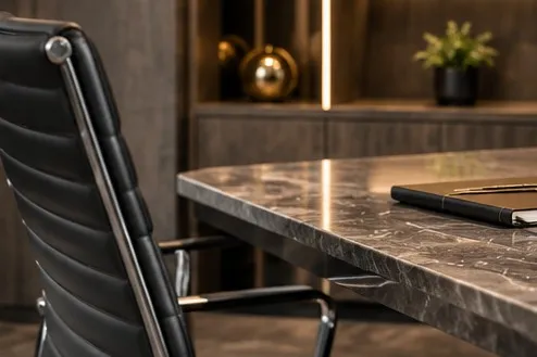 Fauteuil de direction devant un bureau en marbre. Image générée par IA.
