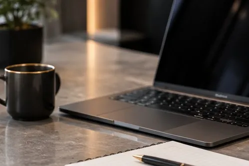 Ordinateur portable ouvert, tasse et carnet sur un bureau. Image générée par IA.