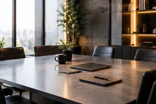 Salle de réunion avec une grande table et des chaises. Image générée par IA.